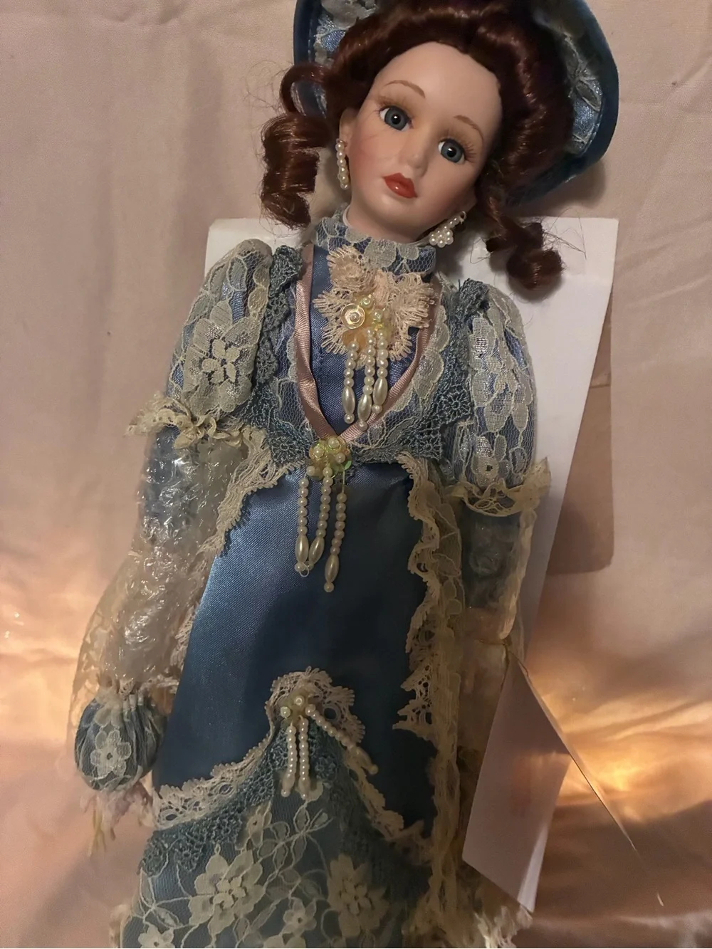 Blue Lace Satin Formal Dress with Pearl Trim Classic collection porcelain doll.
